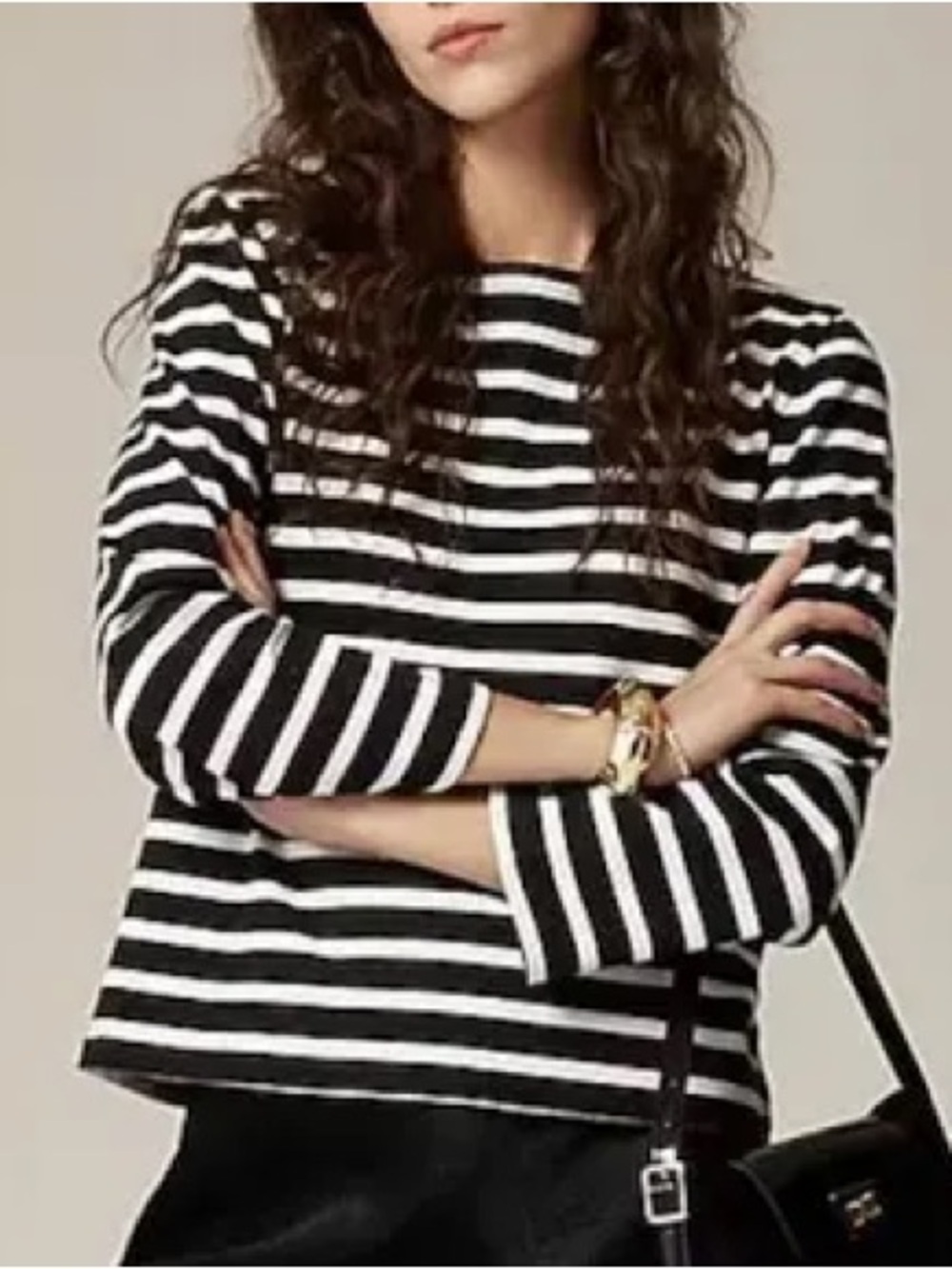J. Crew Black and Off-White Striped Long Sleeve Boatneck Top, small